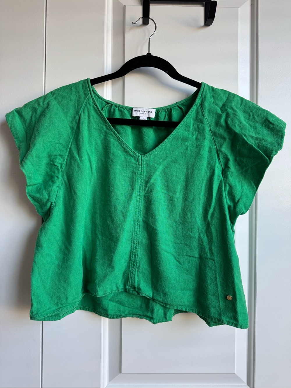 Marc New York Jeans Kelly Green Linen Blend Flutter Sleeve V-Neck Top L